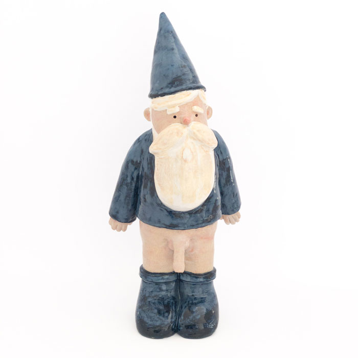 Ceramic gnome with blue clothing and a blue hat but no trousers