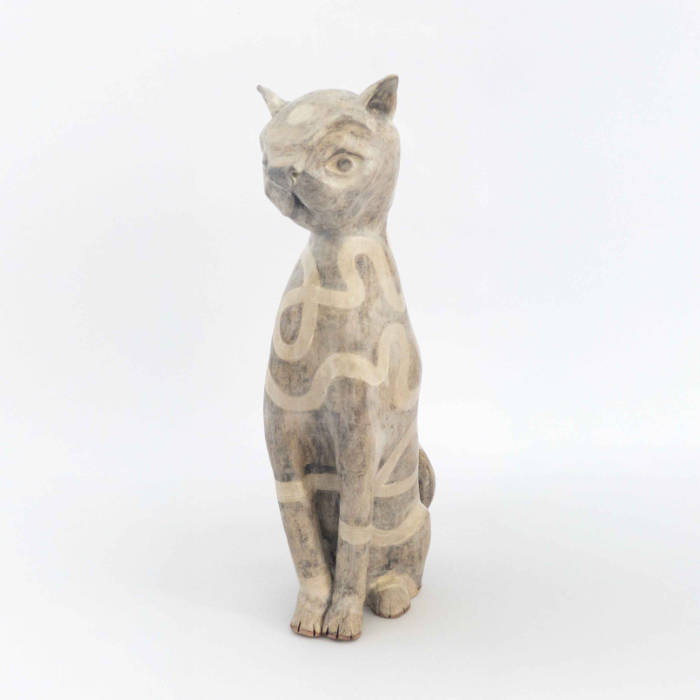 Ceramic cat glazed with a tangled swirly pattern in matte brown and beige glazes